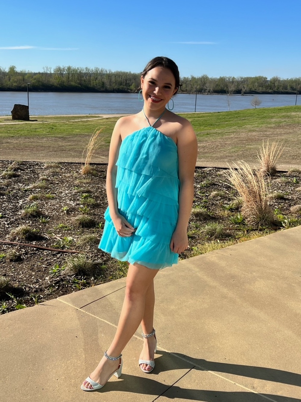 Tiered Halter Mini Dress in Turquoise
